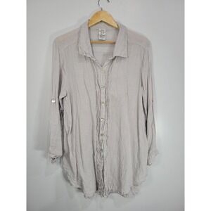Match Point Linen Tunic Top Grey Pintuck Button Down Roll Tab Sleeve Size L USA